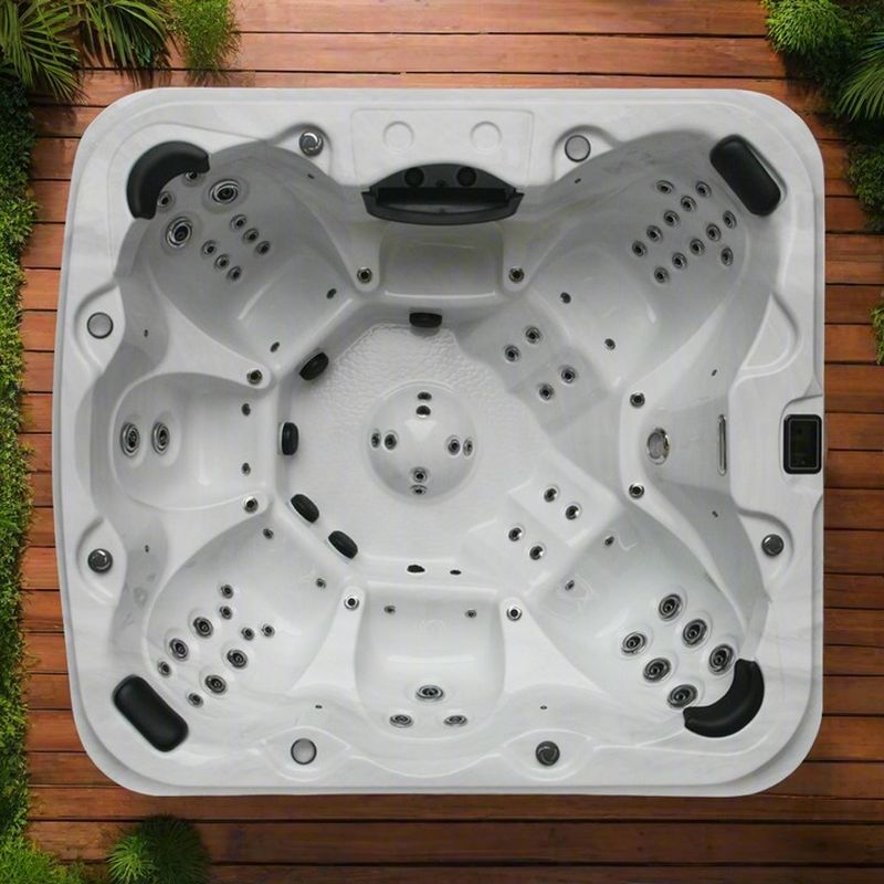 H2O Tubs 7000 Series 32A Eco Hot Tub  White Marble Top View Decking